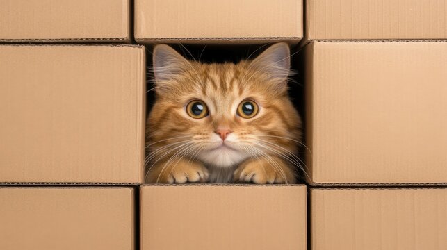 Curious ginger cat peeking through cardboard boxes