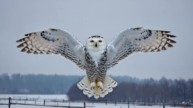 Snowy owl in flight over winter landscape.  Possible use Nature, wildlife, education