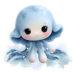 Obraz premium Cute cartoon baby jellyfish with glowing blue skin in pastel watercolor vector style