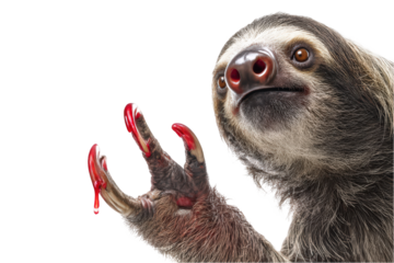 Funny sloth with red painted claws close up on transparent background
