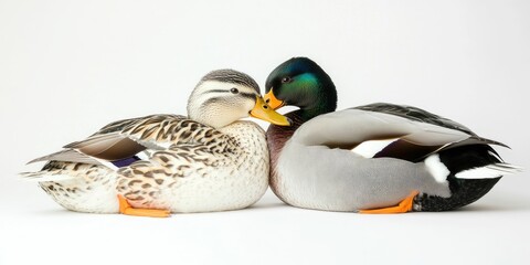 Obraz premium White background with a pair of domestic ducks, one preening.