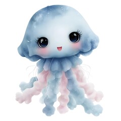 Obraz premium Cute cartoon baby jellyfish with glowing blue skin in pastel watercolor vector style