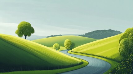 A winding road curves through lush green hills dotted with trees under a clear sky, creating a serene and scenic landscape.