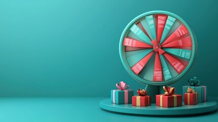 Festive teal wheel of fortune with presents.