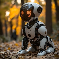 Fototapeta premium Mechanical Companion in Autumnal Forest: A futuristic robot with a sleek design explores the serene beauty of an autumnal forest, blending advanced technology with the tranquility of nature.