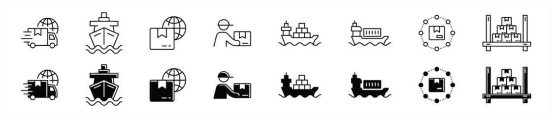 set of logistic and shipping icon. containing global delivery, freight transport, supply chain management thin line and flat icon for your app and web. vector illustration