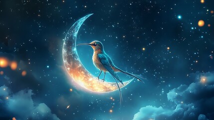 Fototapeta premium A glowing anime hummingbird hovering near a lantern-lit Japanese shrine