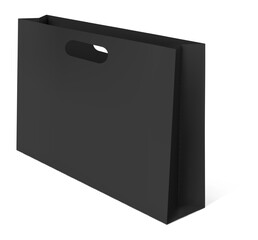 Realistic black shopping bag with a die cut handle standing upright on a white background, providing an ideal canvas for displaying brand designs or marketing concepts