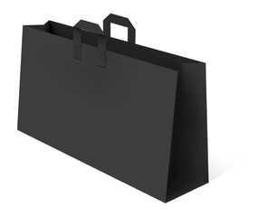 Large black shopping bag standing on a clean white background, casting a soft shadow, creating a perfect setting for shopping or gifting occasions. Ideal for showcasing merchandise