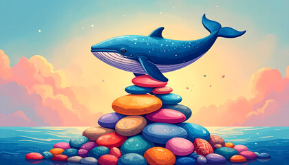 Whale leaping over colorful stones ocean view digital illustration serene environment