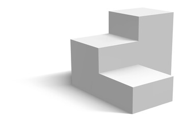 White pedestal with three steps casting a shadow on a white background, representing a concept of growth, achievement, and progress towards success