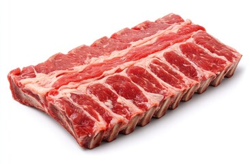Raw beef ribs, fresh and ready to cook.  High-quality, uncooked meat, ideal for grilling or roasting.  Visible bone structure, vibrant red color,  meat is thick and looks appetizing