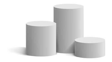 Three white cylindrical podiums of different heights casting shadows are arranged on a white background, creating a winners' stand for a competition or award ceremony