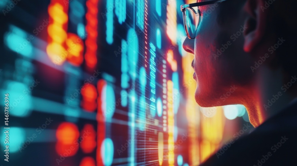 Poster man analyzing data on a futuristic digital screen.