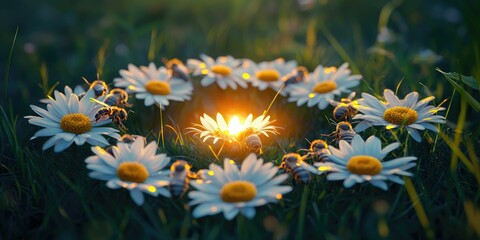 A circle of bees holding hands around a glowing daisy, their smiling faces beaming with joy.