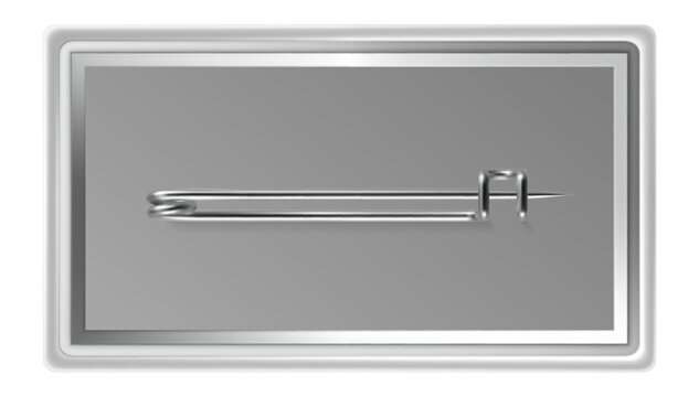 Close up of a blank horizontal metal badge with a closed safety pin, offering customizable space for logos or messages against a white background