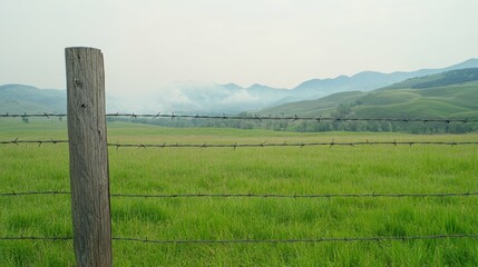 Barbed wire fence and lush green fields with misty mountains in the background