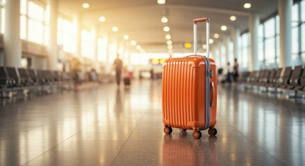 Orange suitcase stands in an airport terminal waiting for its owner to begin their journey today