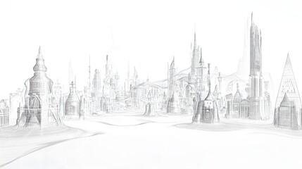 Monochromatic cityscapes drawing in pencil style.