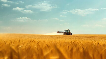 Naklejka premium Tractor spraying pesticide in a golden wheat field under a partly cloudy sky.