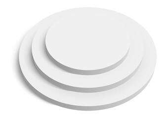 Three white round platforms are creating a pedestal with three levels, perfect for showcasing products or concepts, with a clean and minimalist design