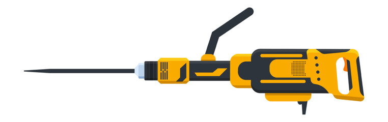 Professional electric demolition jackhammer with black and yellow handle isolated on white background representing construction, renovation, power, and destruction