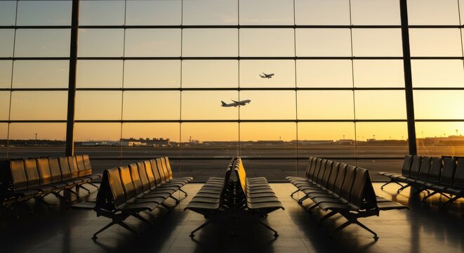 Airport terminal waiting area with planes taking off at sunset through large window panes view