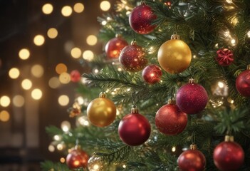 Fototapeta premium Vibrant baubles adorn a Christmas tree, glowing amidst soft bokeh lights , blurred lights, christmas tree