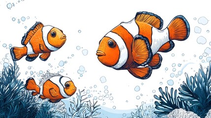 Fototapeta premium Three clownfish in an underwater scene, vibrantly colored and detailed.