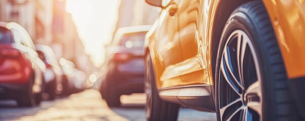 Urban traffic scene, focused on a bright orange car, with blurred cars in the background