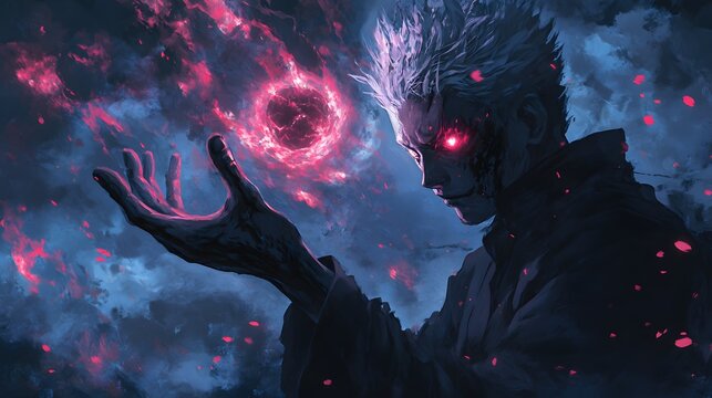 Shadow Moth manipulating akuma with his hand in anime style