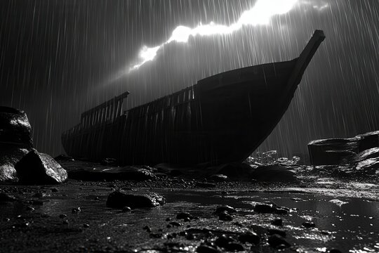 Dramatic Low Angle of Abandoned Shipwreck on Rocky Shoreline During Stormy Weather in Black and White