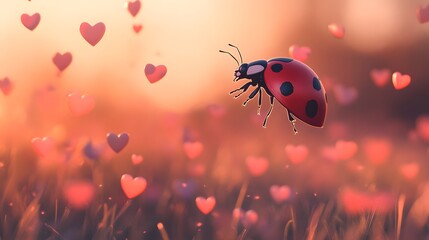 Ladybug flying through a field of floating hearts in anime style