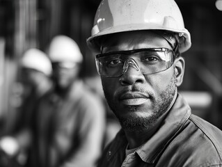 African American male worker in safety glasses and hard hat, slightly tilted head, direct gaze, high-visibility work attire, in steel production plant background, professional and focused at work.