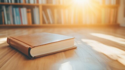 Vintage book on wooden floor with sunlight in cozy library ambiance