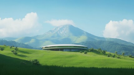 Fototapeta premium Modern circular building in lush green landscape with majestic mountain background