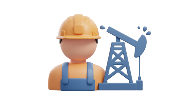Isolated Oil Worker with Oil Derrick in Cartoon Style