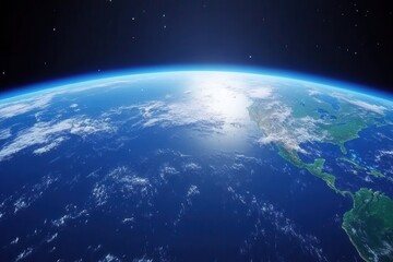 Fototapeta premium Earth View from Space with Clouds and Sunlight over the Ocean and Continents Realistic 3D Render