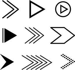 Black Minimal Arrow Icons. Play, Forward, Navigation and Speed Symbols with Thin and Bold Lines, Perfect for Digital Interfaces, UI Buttons, Motion Concepts, Media Controls and Infographic Elements.