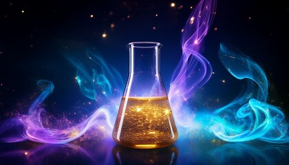 a glass beaker filled with golden liquid is surrounded by glowing blue and purple smoke on a dark background with sparkles