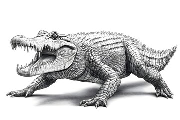 Fototapeta premium Pencil drawing of an angry, fierce and vicious crocodile, showing its fangs from a side view, white background