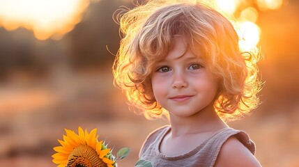 Fototapeta premium Adorable Curly Haired Child Golden Hour Sunflower