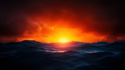 Fiery ocean sunset with dramatic clouds illuminating the horizon