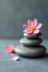 Polished stones, delicate flower, elegant grey setting, tranquil, spa treatment