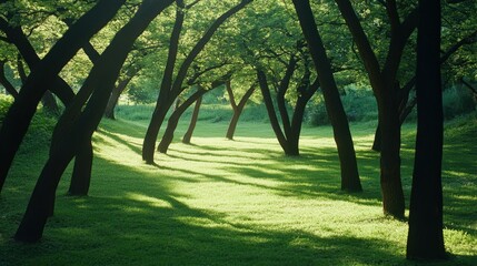 Sunlit forest with leaning trees and lush greenery