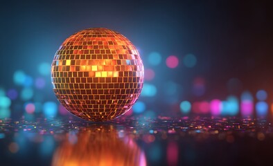 Obraz premium Golden Disco Ball on Reflective Surface with Colorful Bokeh Lights