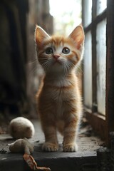 Obraz premium Ginger Kitten by Window: A curious ginger kitten with bright green eyes gazes intently out of an old window, its fluffy fur highlighted by the soft light filtering through the glass.