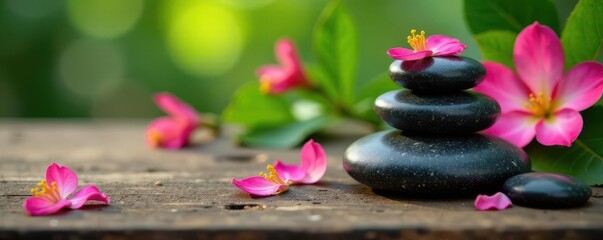 Smooth spa stones, vibrant flowers, rustic wood table, flowers, botanical, nature