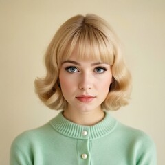 1950s style young woman in a mint green cashmere cardigan