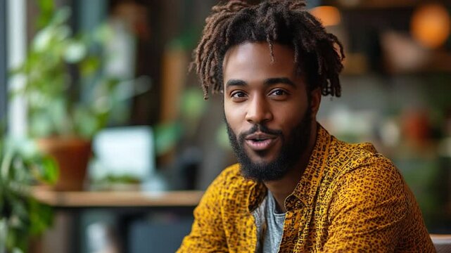 A handsome young man with dreadlocks looks confidently at the camera, with an engaging smile, in a modern cafe.